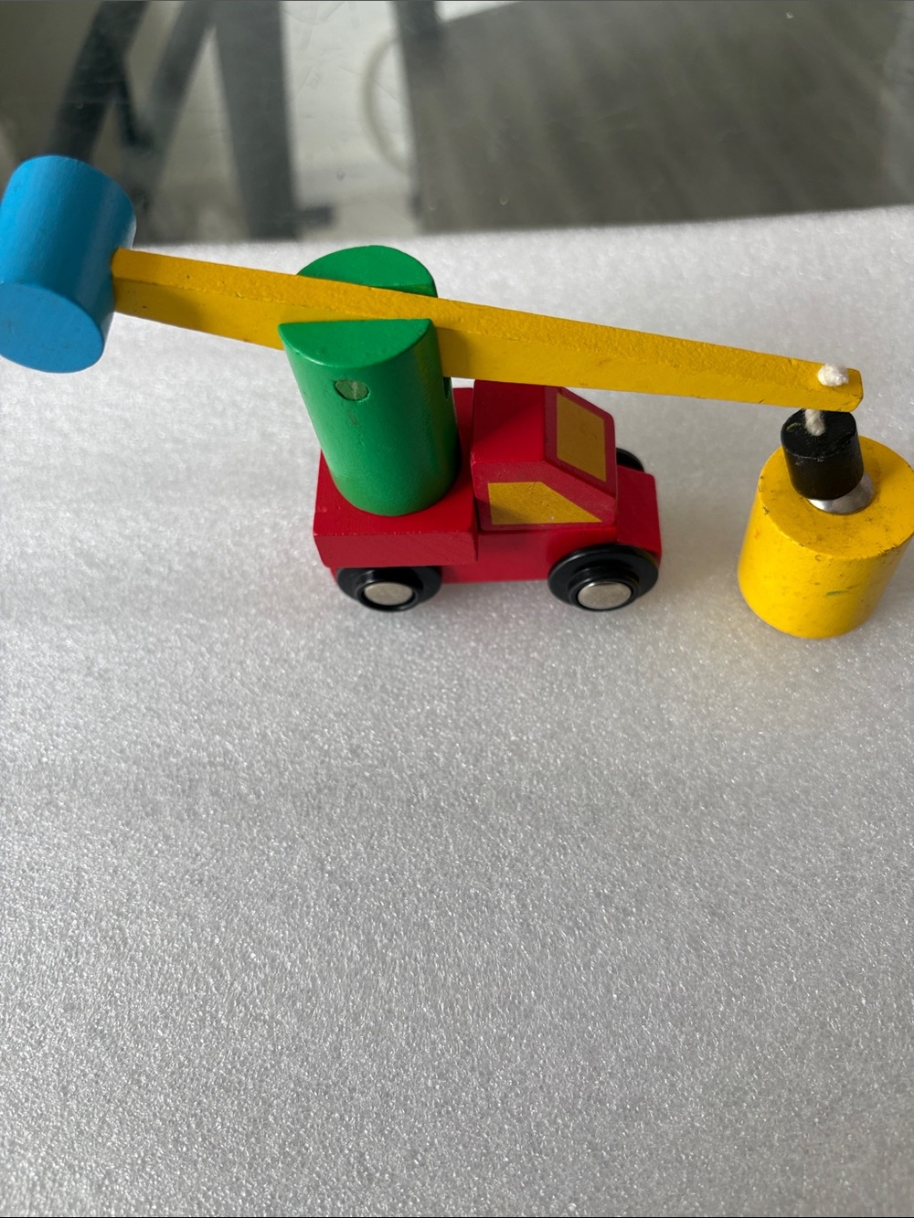 Wooden Red Crane Truck Toy with Yellow Boom and Green Details brio 1995